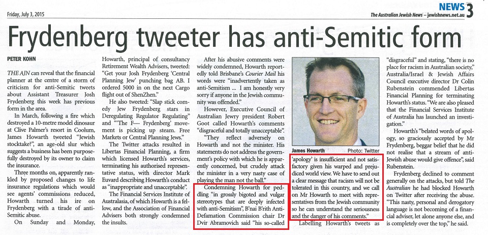 03-07-15 AJN Frydenberg tweeter has anti-Semitic form
