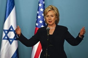 U.S. Secretary of State Hillary Rodham Clinton speaks to the media during  during a press conference with the Israeli Prime Minister Benjamin Netanyahu  in Jerusalem. Saturday, Oct. 31. 2009.(AP Photo/Dan Balilty)