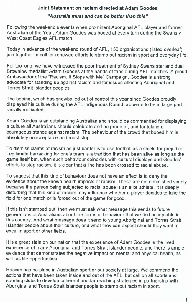 15-7-15 Joint statement on racism directed at Adam Goodes 1