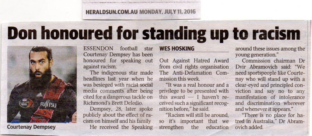 160711 Herald Sun Don honoured for standing up to racism