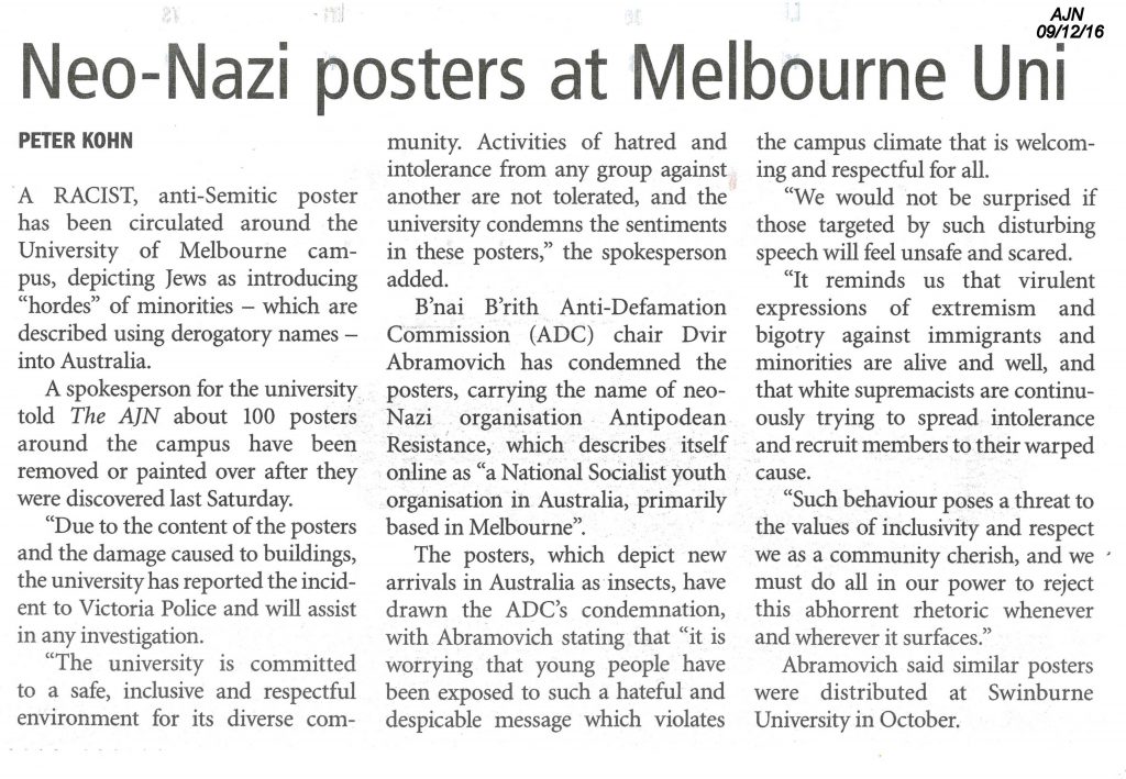 161209 AJN Neo Nazi posters at Melbourne Uni