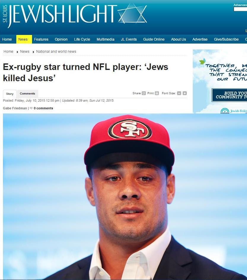 Ex-rugby star turned NFL player: ‘Jews killed Jesus